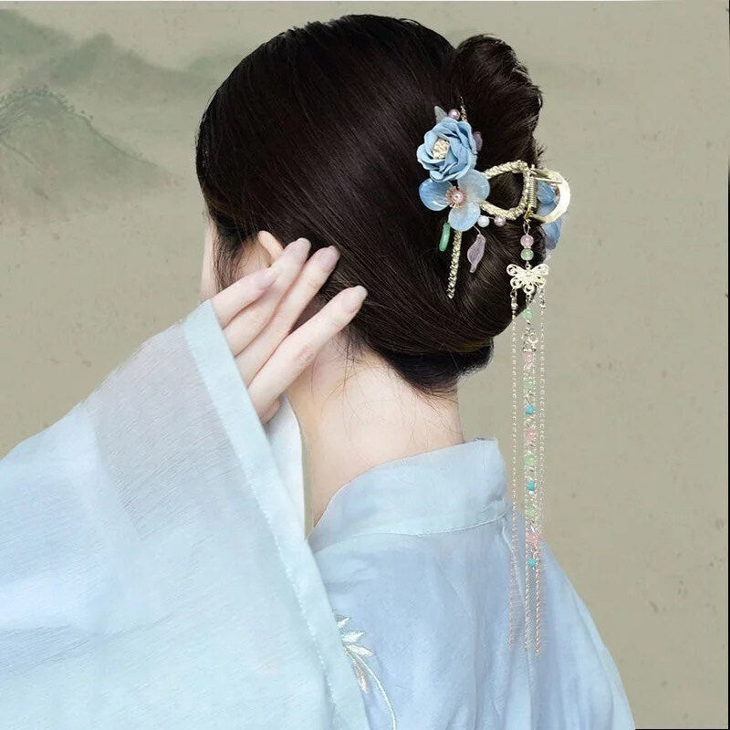 Hanfu inspired flower hair claw clip tassel , chinese hair decor