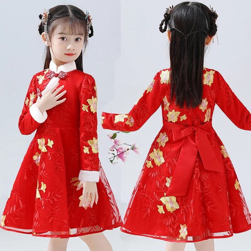 Girl Chinese Cheongsam Dress, Girl Cheongsam Lunar New Year, Qipao Hanfu Girl Kids Chinese Clothes Tang Red, Chinese Spring Festival
