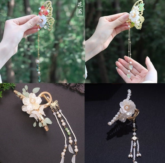 Hanfu hair accesories, hanfu chinese hair clip, flower tassel butterfly hair clip, faux pearl hair claw, hanfu retro hairpin