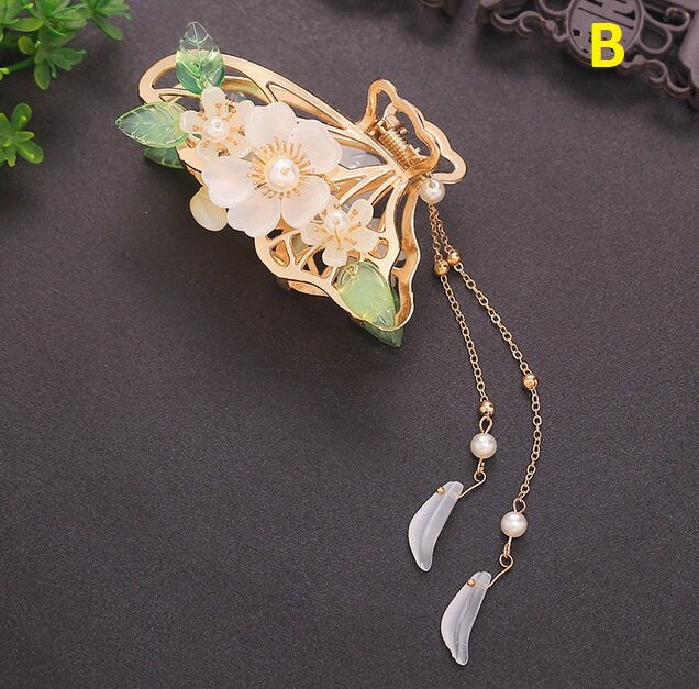 Hanfu hair accesories, hanfu chinese hair clip, flower tassel butterfly hair clip, faux pearl hair claw, hanfu retro hairpin