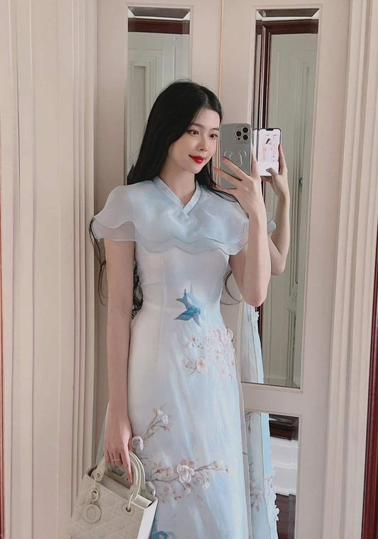 Pre-Made Modern Vietnamese Ao Dai Flowers with Birds, Áo dài cách tân to organza