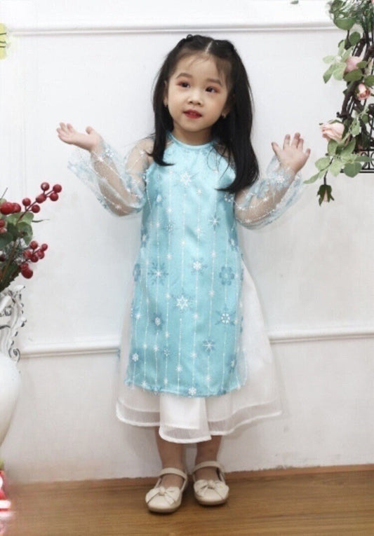 Pre-Made Girl Vietnamese Ao Dai Cach Tan (áo dài bé gai), Frozen Elsa theme Kids Vietnamese traditional dress, cheongsam, qipao