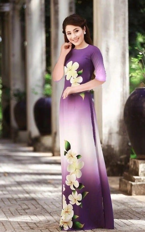 Pre-made Vietnamese Ao Dai Dress (Bộ áo dài may sẵn kèm quần,cổ tròn, tay lửng) Vietnamese traditional dress costume qipao cheongsam