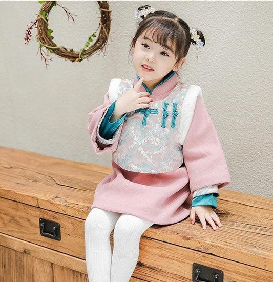 2pc Chinese New Year Dress Outfit, Girl Cheongsam Chinese Dress, Qipao Hanfu Girl Kids Chinese Princess Dress Tang, Chinese Spring Festival